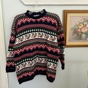 Vintage Laura Tyler Roll Neck  Floral Fair Isle Knit Sweater Size L Cottagecore